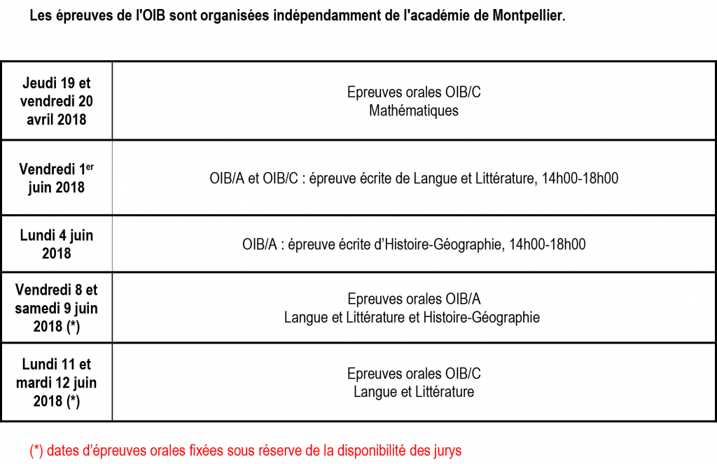 Calendrier définitif - session 2018-2