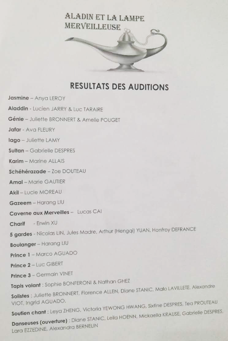 résultats audition aladain
